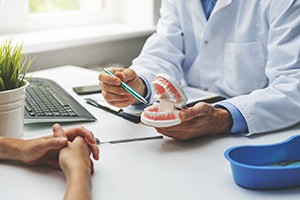 A patient consulting their dentist about denture treatment