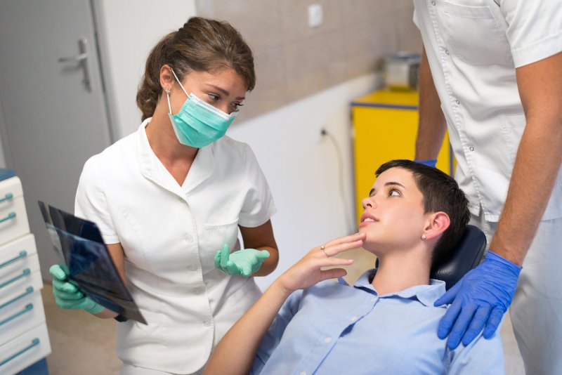 Patient being examined by dentist before cosmetic dentistry